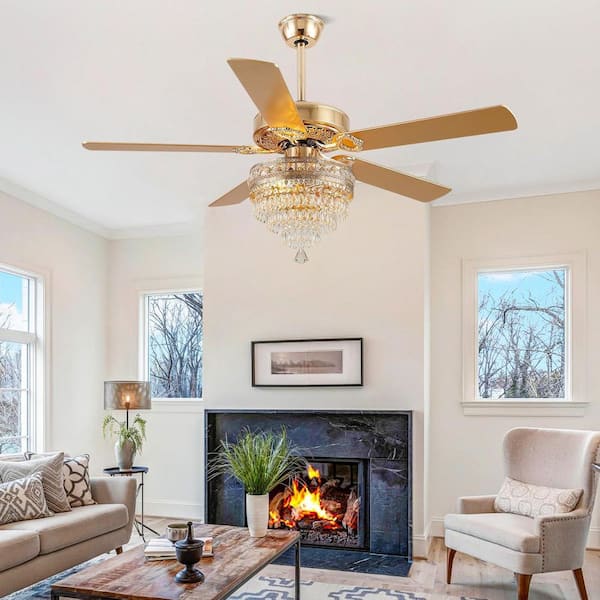 52 in. Indoor Crystal Chandelier Gold Ceiling Fan Fandelier with Lights and Remote Control