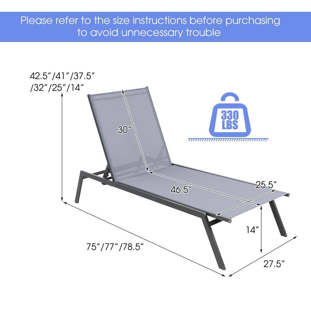 Gray Steel Outdoor Adjustable Lounge Chair with Armrests