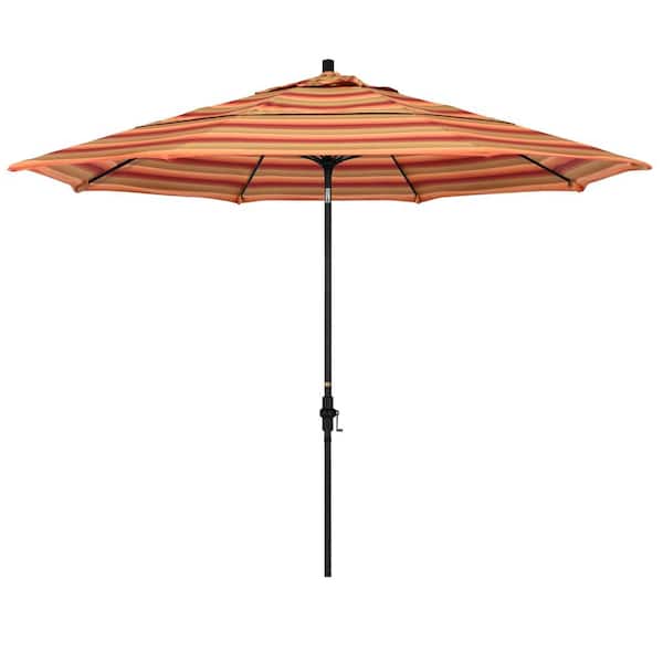 California Umbrella 11 ft. Matted Black Aluminum Market Patio Umbrella with Collar Tilt Crank Lift in Astoria Sunset Sunbrella