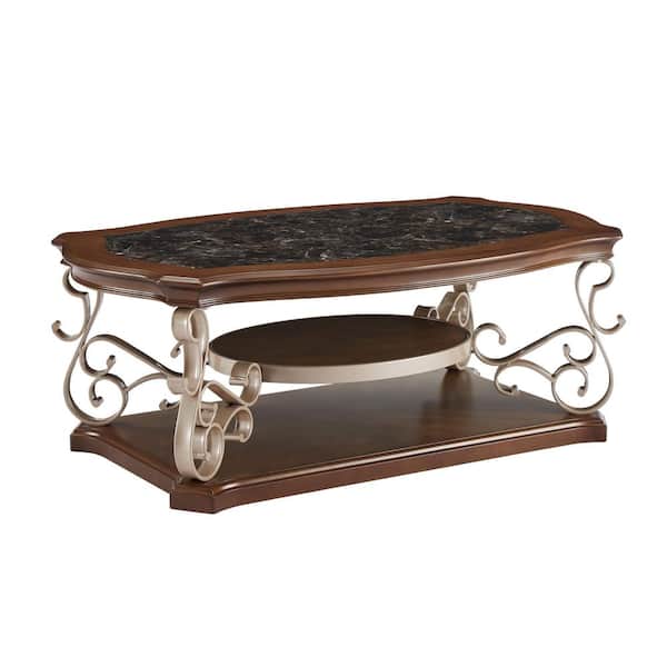 Zeus & Ruta 52 in. x 32 in. x 20 in. Cocktail Table With Marble Paper Top, Birch Veneer Middle Shelf And Bottom for Living Room