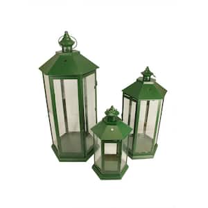 27 in. Green Traditional Style Pillar Candle Holder Lanterns (Set of 3)
