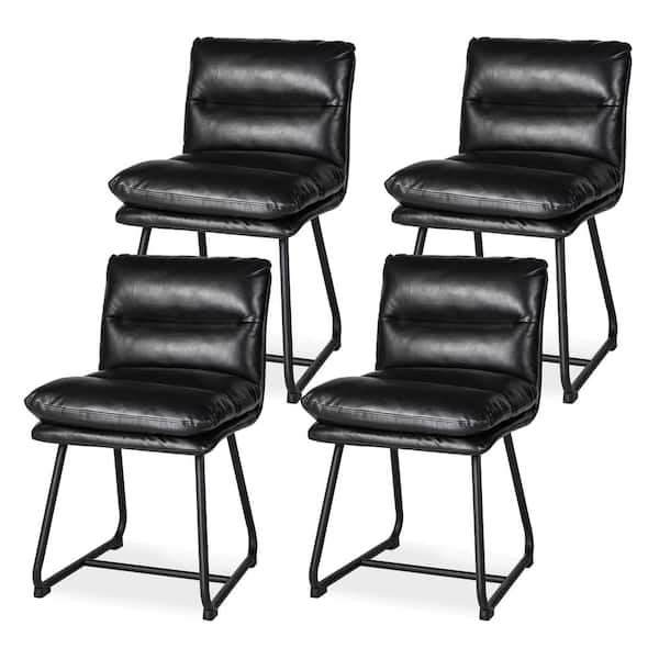 Glitzhome Mid-Century Modern Black Thick Leatherette Dining Chair with Metal Legs (Set of 4 ）