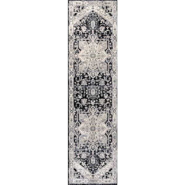 Modern 2 ft. x 8 ft. Persian Vintage Medallion Black/Ivory Runner Rug