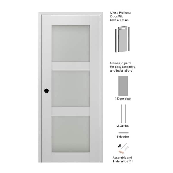 Smart Pro 30 in. x 80 in. Right-Hand 3-Lite Frosted Glass Polar White Composite Wood Single Prehung Interior Door