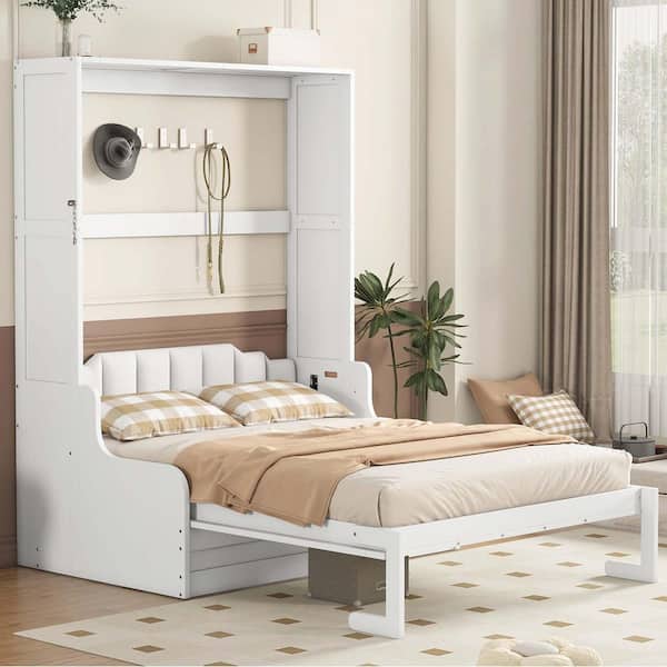 White Wood Frame Queen Murphy Bed with Cushion