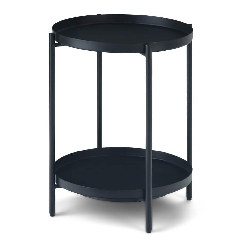 Monet Industrial Round Black Metal End Table with Removable Trays