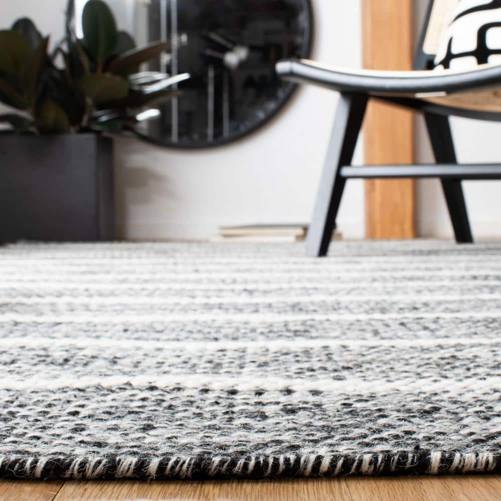 Handmade Black and Ivory Wool Striped 9' x 12' Area Rug