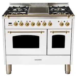40 in. 4.0 cu. ft. Double Oven Dual Fuel Italian Range with True Convection, 5 Burners, Griddle, Brass Trim in White