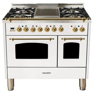 40 in. 4.0 cu. ft. Double Oven Dual Fuel Italian Range True Convection, 5 Burners, Griddle, LP Gas, Brass Trim in White