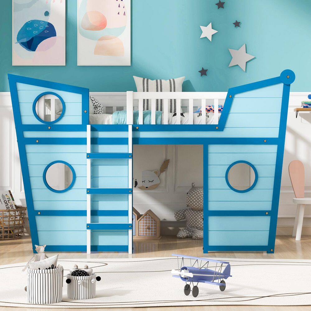 ANBAZAR Blue Boatshaped Full Size Loft Bed with Ladder, Full Size Kids