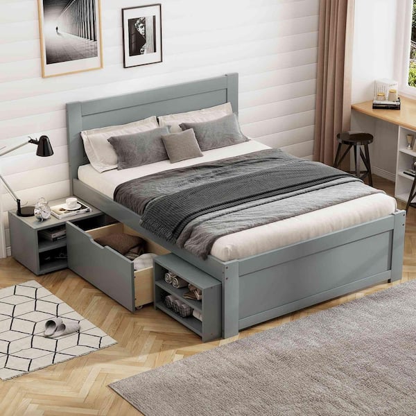 Antique Gray Wood Frame Twin Size Platform Bed with Drawer and 2-Shelves