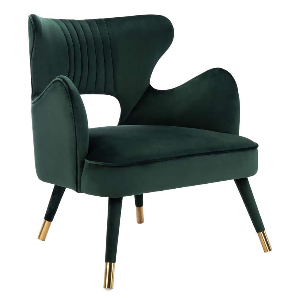 Transitional Forest Green Velvet Wingback Accent Chair with Gold Accents