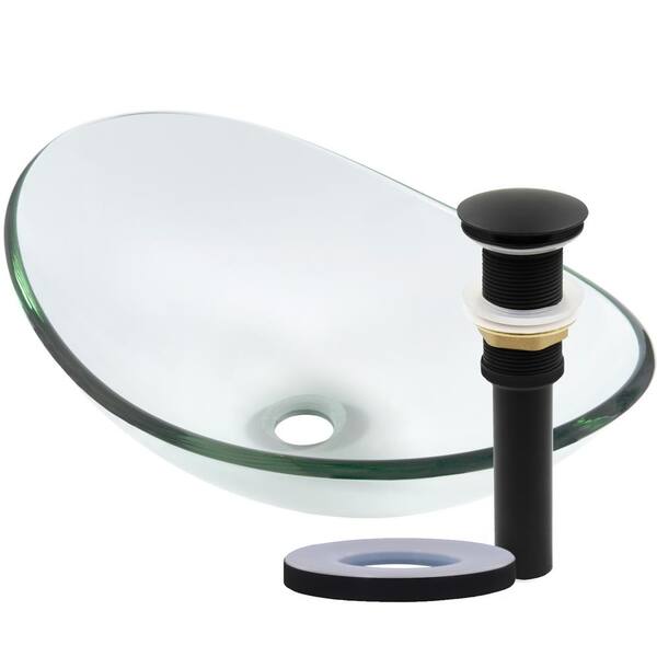 Novatto Matte Black Glass Oval Vessel Sink Chiaro Slipper in Clear with Drain Assembly