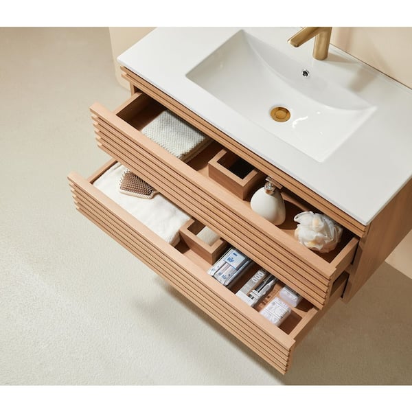 36 in. Single Sink Wall Mounted Natural Walnut Bath Vanity with White Ceramic Top Full Assembled, Soft-Close