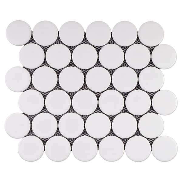Porcetile White 11.82 in. x 10.5 in. Penny Matte Porcelain Mosaic Tile Sample