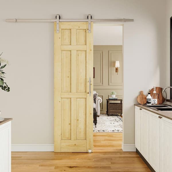 24 in. x 80 in. 6-Panel Solid Pine Wood Unfished Sliding Barn Door with Hardware Kit Nickel Plated