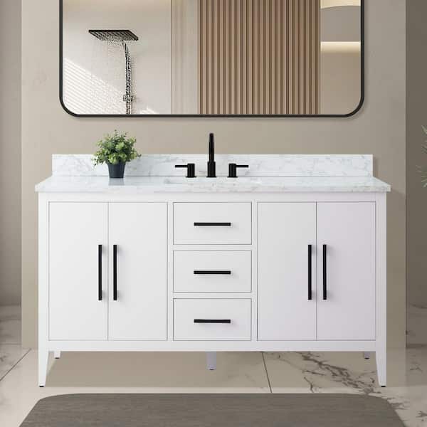 60 in. W x 22 in. D x 34 in. H Single Sink Bathroom Vanity Cabinet in White with Engineered Marble Top in White