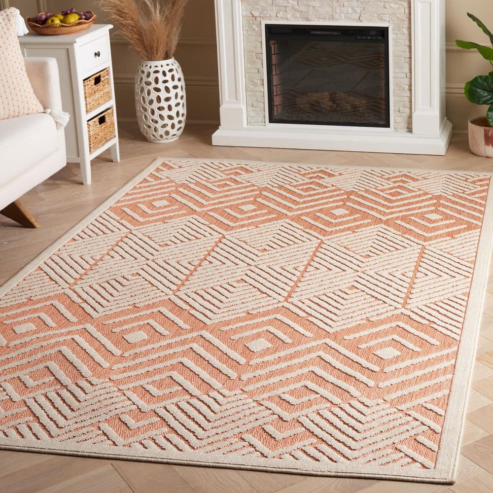 Ivory and Rust Geometric 9' x 12' Indoor/Outdoor Rug