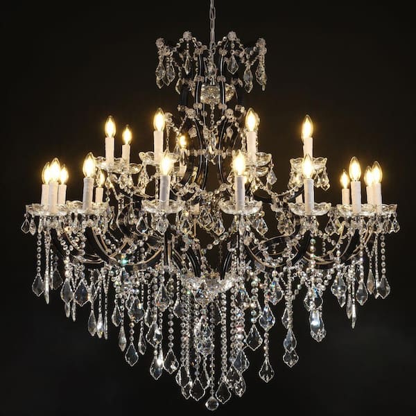 Candle Chandelier 49 in. 24-Lights Black Luxury Crystal Chandelier for Dinning Room Living Room Foyer Bedroom, Staircase