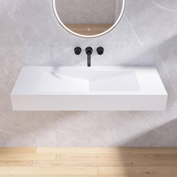 48 in. White Solid Surface Wall-Mounted Bathroom Vessel Sink