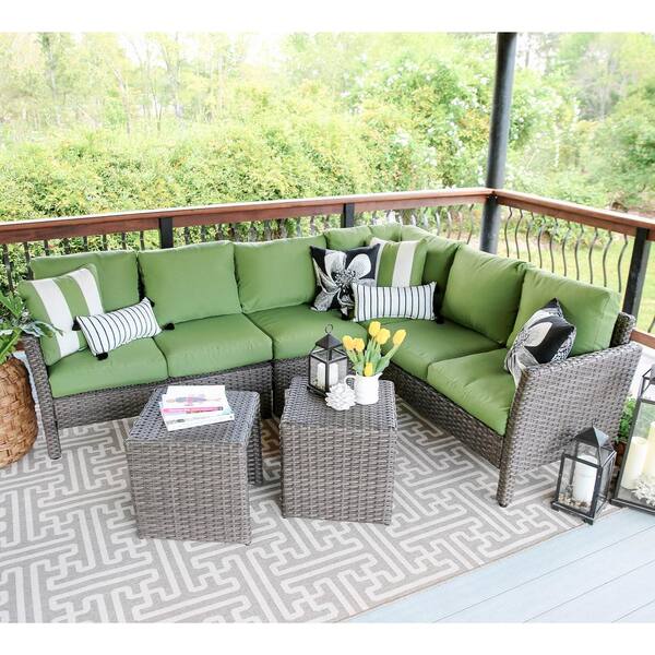 Leisure Made Canton 6-Piece Wicker Outdoor Sectional Set with Green Cushions