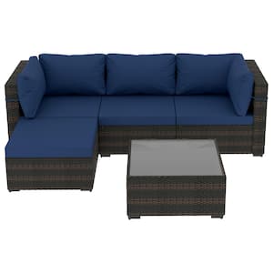 5-Pieces Patio Furniture Set, Outdoor Wicker Conversation Set with with Coffee Table and Ottoman for Backyard, Navyblue