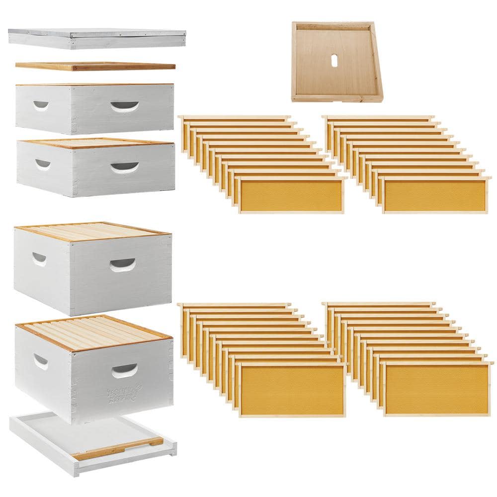 White Wooden Beehive Kit with Deep Brood Boxes and Medium Supers