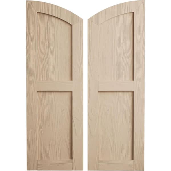 Ekena Millwork Faux Wood 12 in. x 78 in. Timberthane 2 Equal Flat Panel Elliptical Top Polyurethane Shutters Primed Tan in Sandblasted