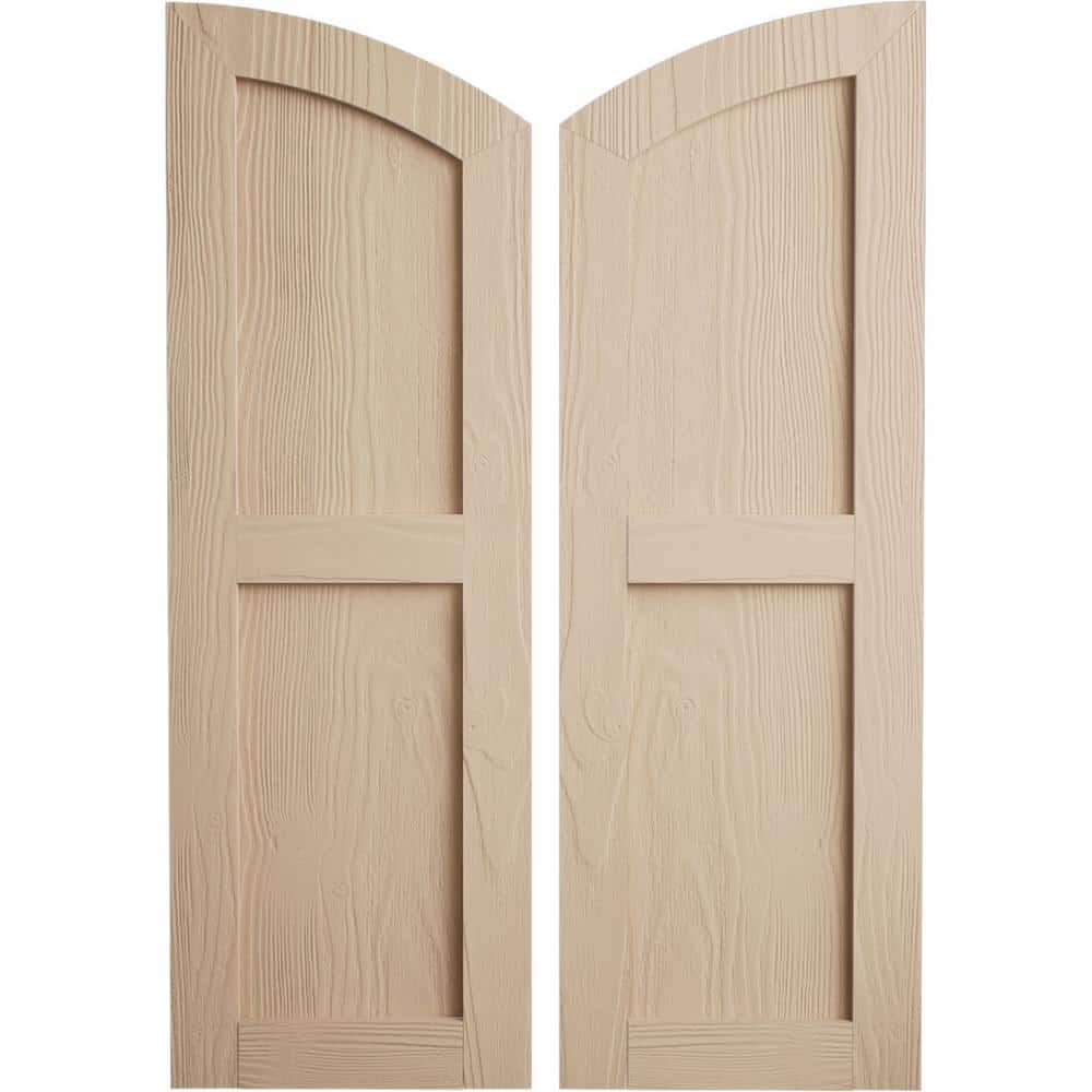 Faux Wood 15 in. x 78 in. Timberthane 2 Equal Flat Panel Elliptical Top Polyurethane Shutters Primed Tan in Sandblasted price history on PriceWatchPro