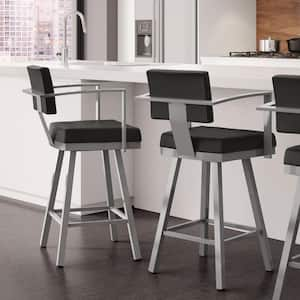 Akers 26 in. Black Faux Leather/Metallic Grey Metal Swivel Counter Stool