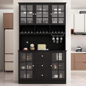 Black Wooden 47.2 in. Width Wine Food Pantry Cabinet, Sideboard with Adjuastable Shelves, Glass Doors and 3-Drawers