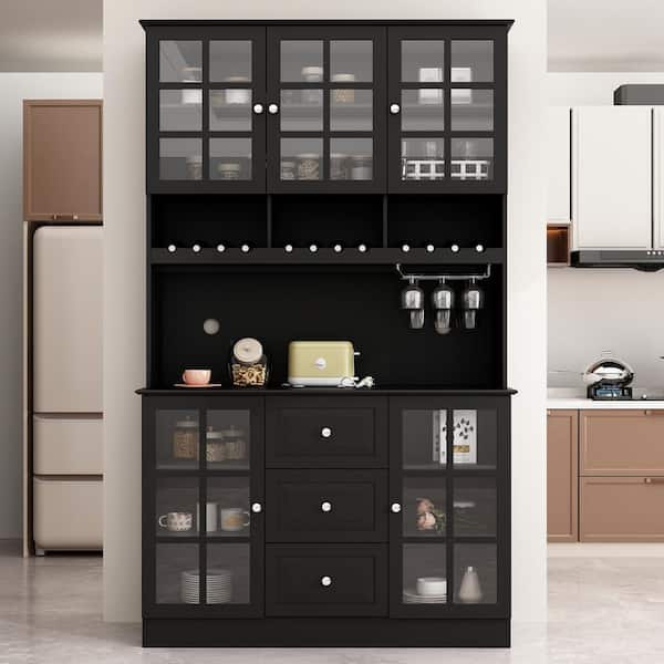 FUFU&GAGA Black Wooden 47.2 in. Width Wine Food Pantry Cabinet, Sideboard with Adjuastable Shelves, Glass Doors and 3-Drawers