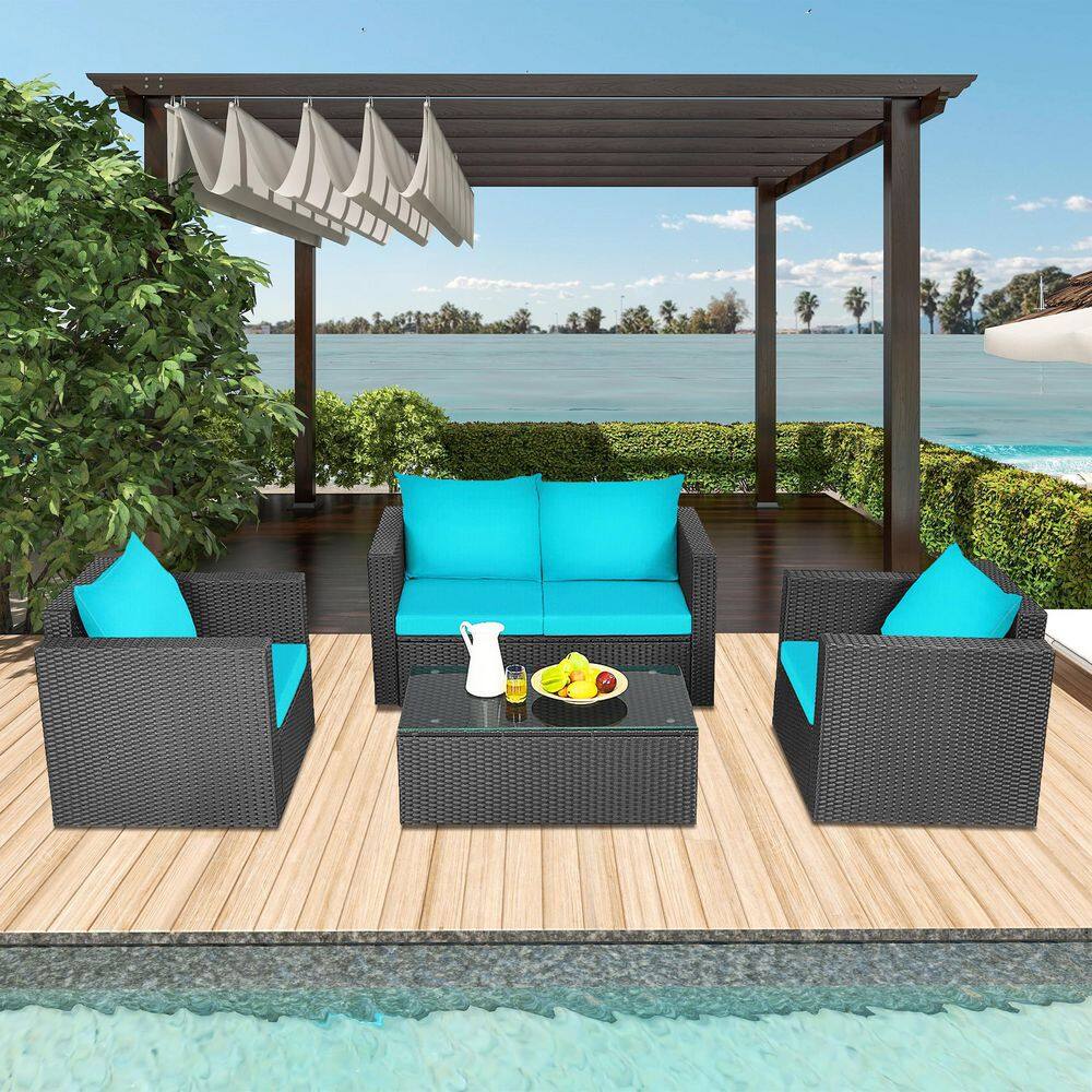 4-Piece Rattan Wicker Patio Conversation Set with Turquoise Cushions and Tempered Glass Top Coffee Table price history on PriceWatchPro