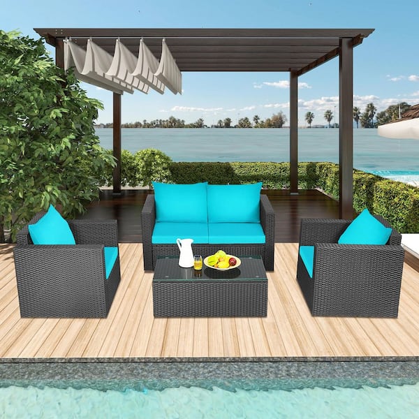 ANGELES HOME 4-Piece Rattan Wicker Patio Conversation Set with Turquoise Cushions and Tempered Glass Top Coffee Table