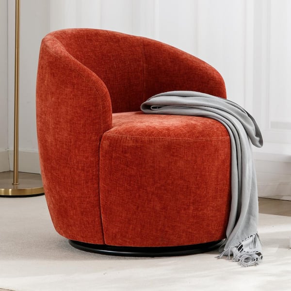 Orange Chenille Fabric Swivel Accent Armchair with Black Powder Coating Metal Ring