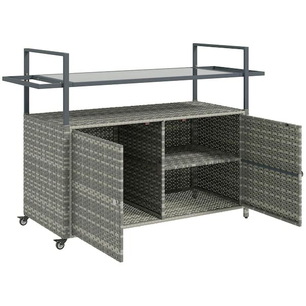 Mixed Gray Outdoor Storage Chest, Rolling Patio Serving Cart with Tempered Glass Top, 2 Lockable Wheels, Towel Racks