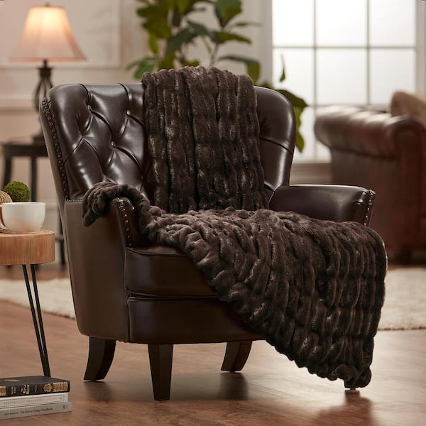 CHANASYA Rushed Mocha Faux Fur Reversible Minky Throw Blanket, 50 x 65 in.