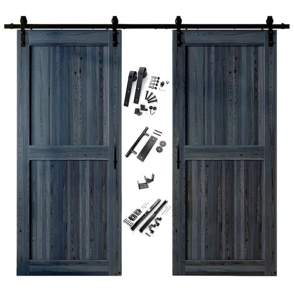HOMACER 48 in. x 84 in. H-Frame Navy Double Pine Wood Interior Sliding Barn Door with Hardware Kit, Non-Bypass