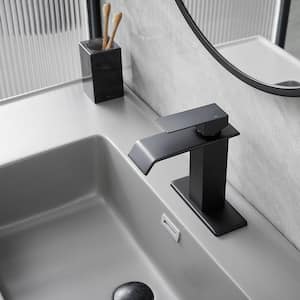 Single Hole Single-Handle Bathroom Sink Faucet With Deck Plate Pop Up Drain With Overflow in Matte Black