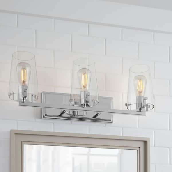 Home Decorators Collection Creek Crossing 24 in. 3-Light Chrome Industrial Bathroom Vanity Light with Clear Glass Shades