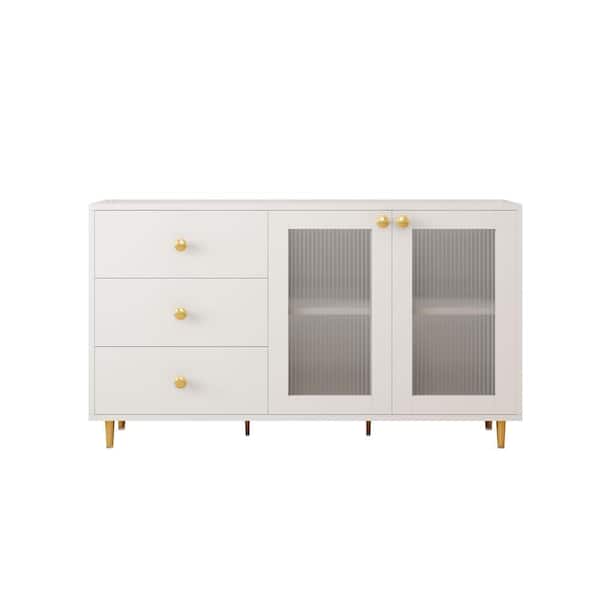 Unbranded White MDF 55 in. Modern Buffet Cabinet Glass Doors Sideboard Kitchen Storage Cabinet with 3-Drawers and Shelves