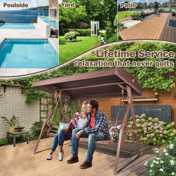 ZZW 3 Person Brown Metal Porch Swing with Free Standing Brown