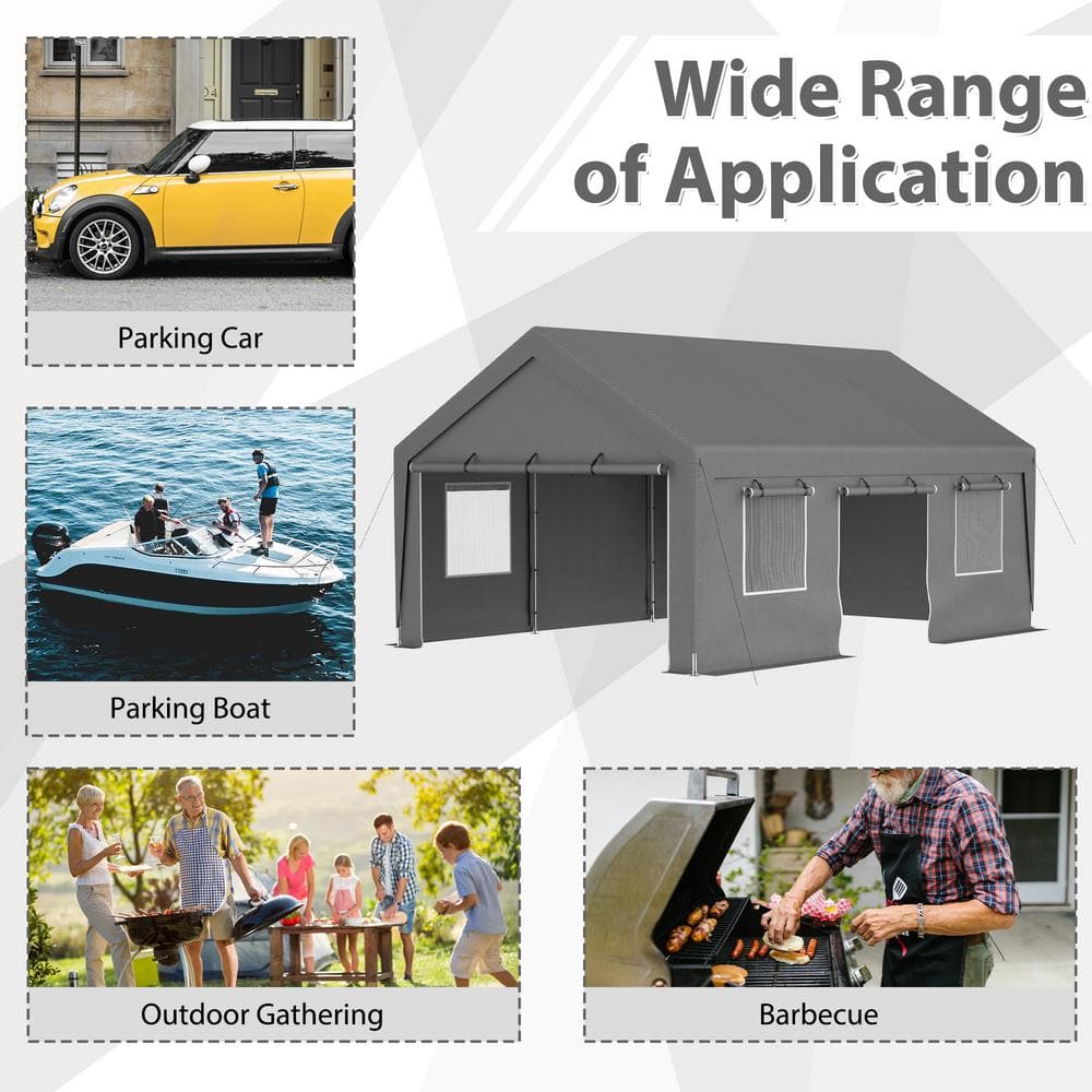 Gray 13' x 20' Metal Frame Carport with Windows