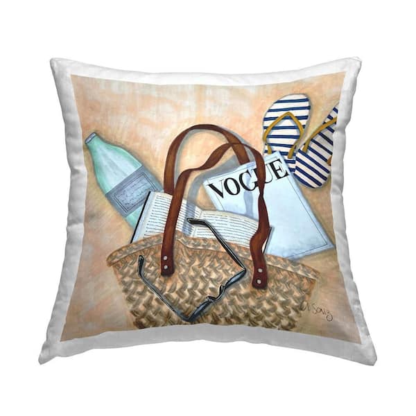 Beach Hangout Bag Beige Print Polyester 18 in. x 18 in. Throw Pillow