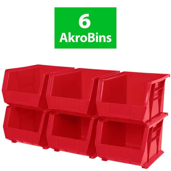 Akro-Mils 30239 Series, 8 1/4 in. W x 10 7/8 in. D x 7 in. H, Red Plastic Stackable Storage Bins Hanging Organizer, 6-Pack