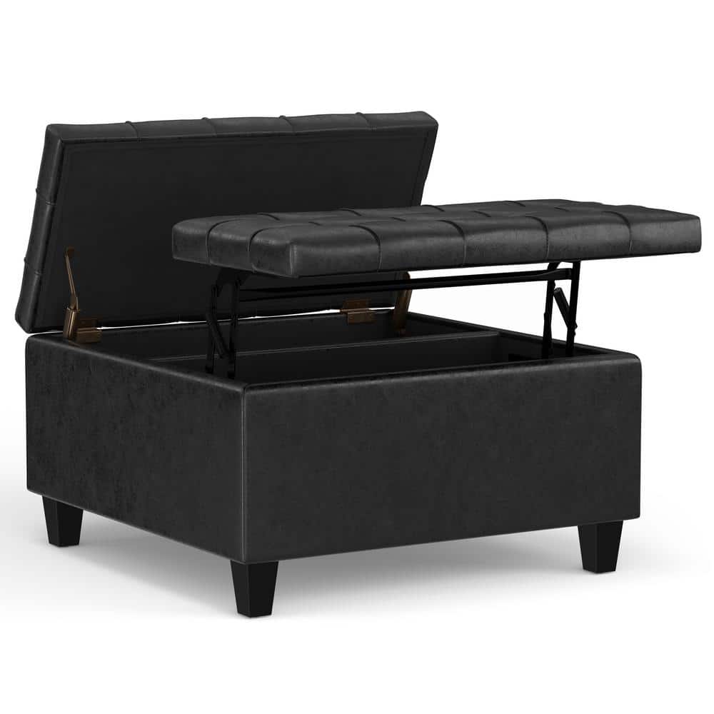 Harrison Distressed Black Tufted Faux Leather Storage Ottoman