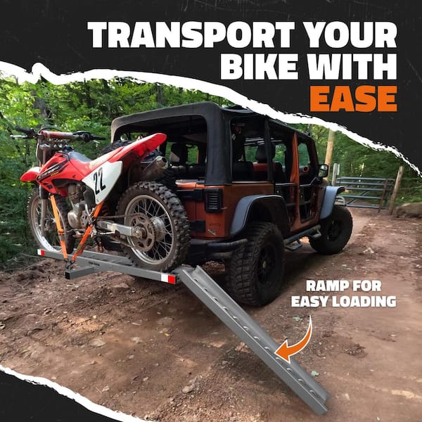 Mockins 500 lb. Capacity Heavy-Duty Steel Hitch Mount Dirt Bike Carrier 73in. Includes Loading Ramp, Straps and Hitch Stabilizer