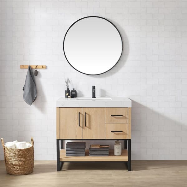 Kolkata 36 in.W x 22 in.D x 34 in.D Single Bath Vanity in Weathered Oak with White Engineered Stone Top