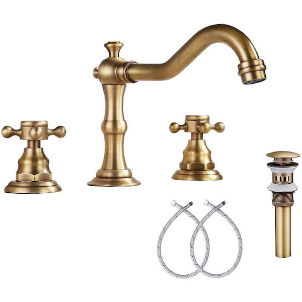 1-Piece 8 in. 2 Handles 3 Holes Widespread Bathroom Sink Faucet in Antique Brass, Faucet Basin Mixer Tap Faucet