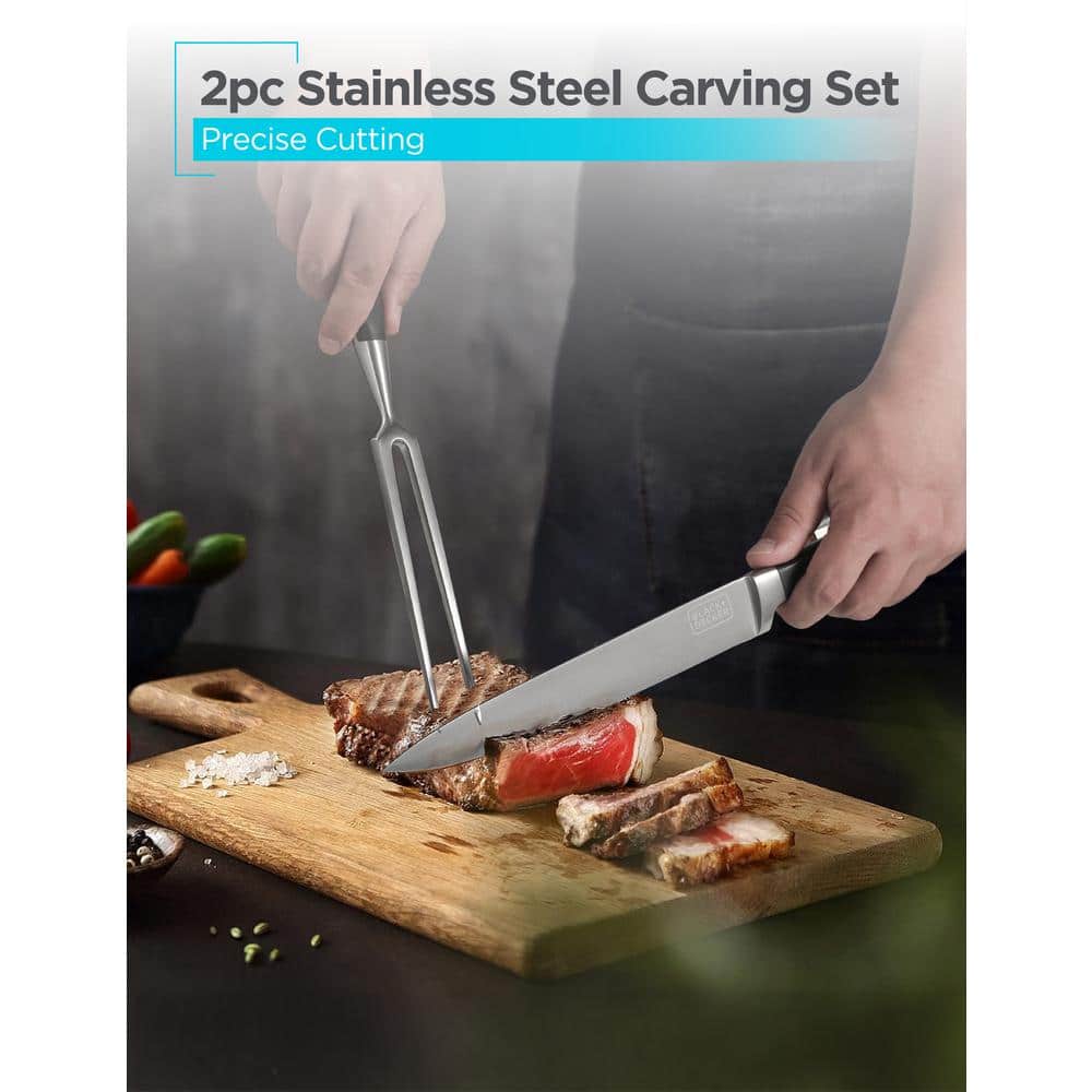 BLACK+DECKER BLACK+DECKER 2-Piece Stainless Steel Carving Knife Set, 8” Carving Knife & 7” Fork, Kitchen Knife